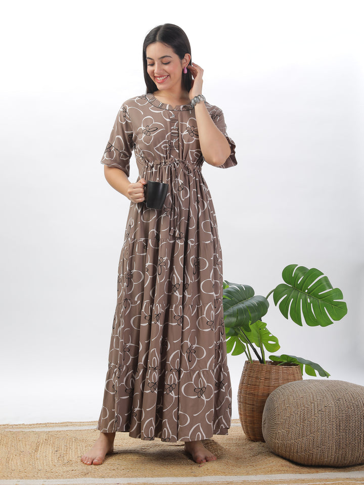 Chic Khaki Floral Print Nightdress - Women's Designer Rayon Maxi Gown