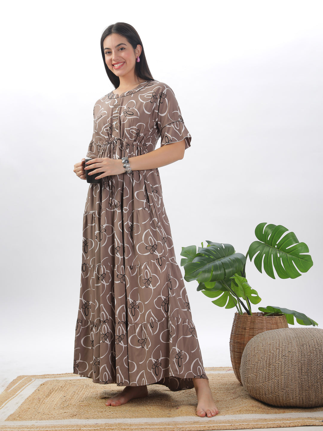 Chic Khaki Floral Print Nightdress - Women's Designer Rayon Maxi Gown