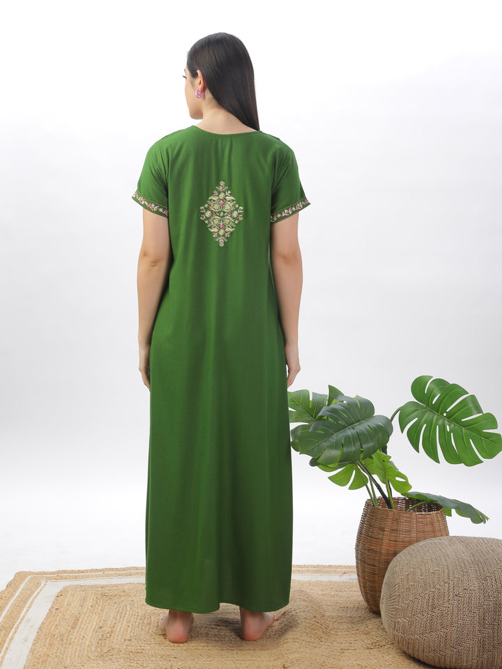 Green Alpine Designer Nighty with Elegant Embroidery - All-Season Wear