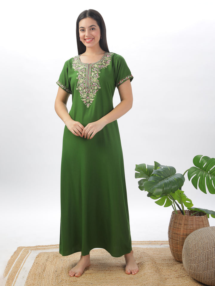 Green Alpine Designer Nighty with Elegant Embroidery - All-Season Wear