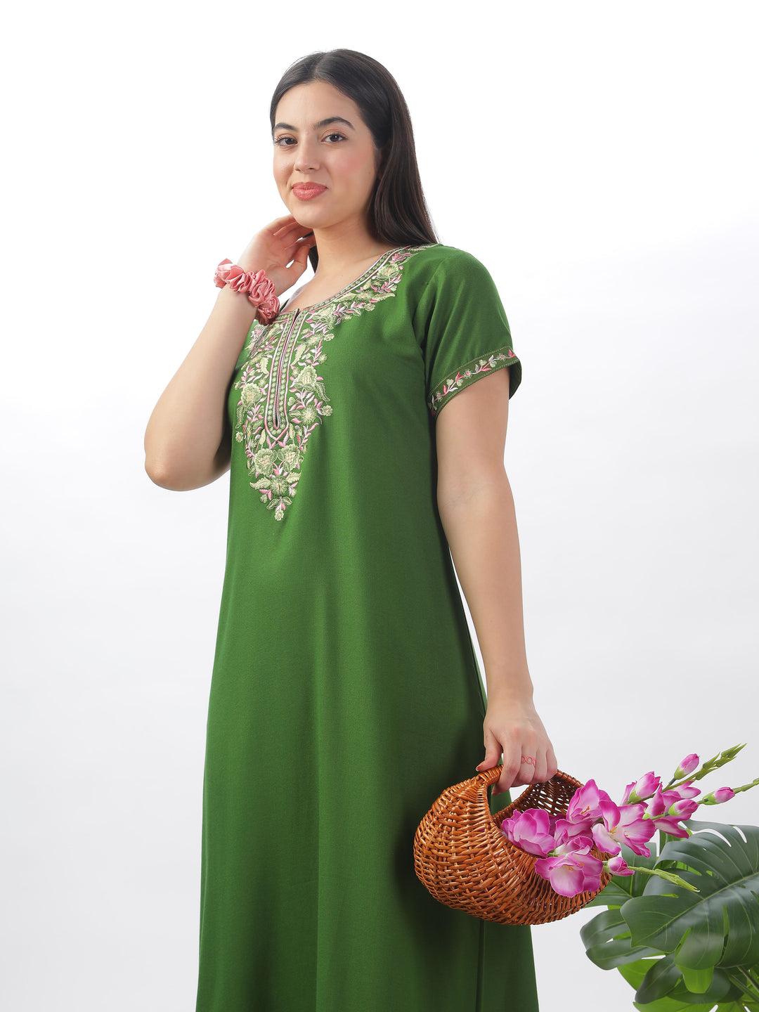 Green Alpine Designer Nighty with Elegant Embroidery - All-Season Wear