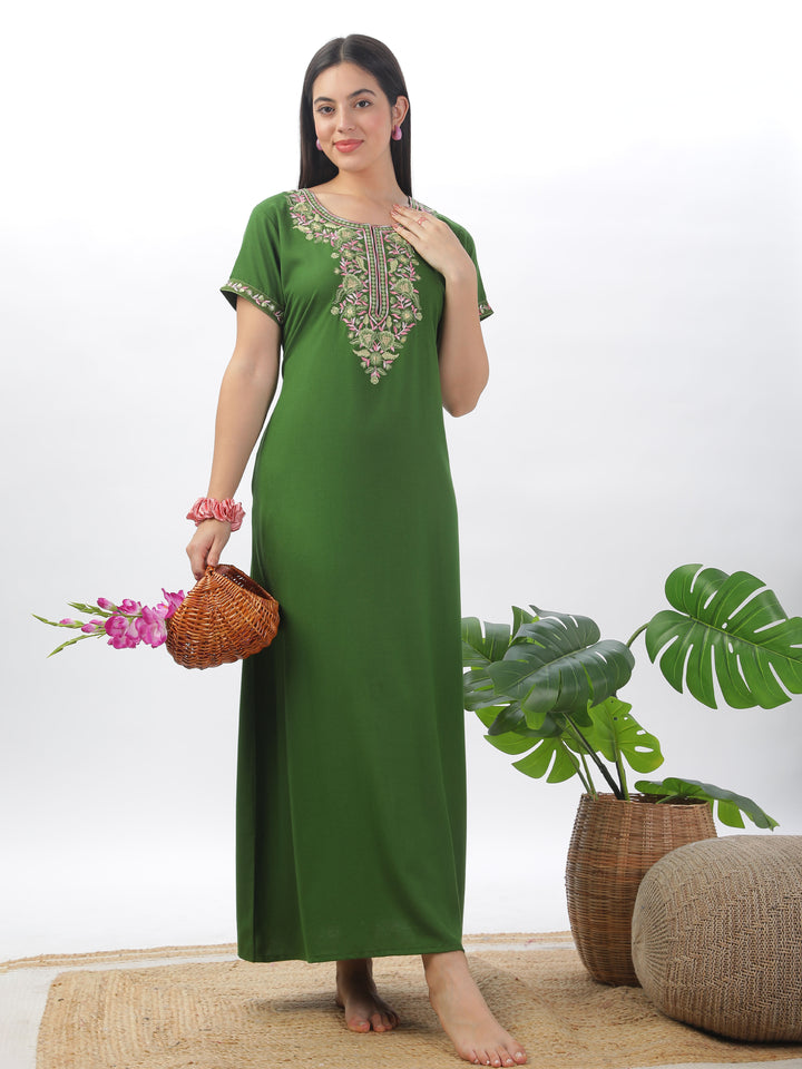 Green Alpine Designer Nighty with Elegant Embroidery - All-Season Wear