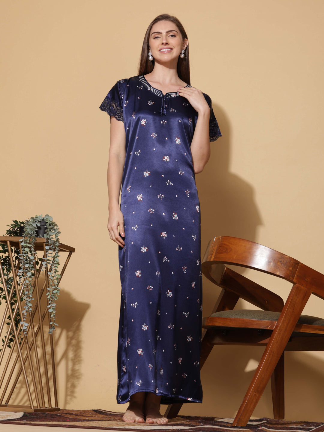 Royal Blue Satin Nighty - Elegant Sleepwear for Women