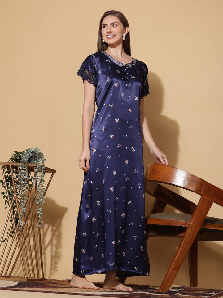 Royal Blue Satin Nighty - Elegant Sleepwear for Women