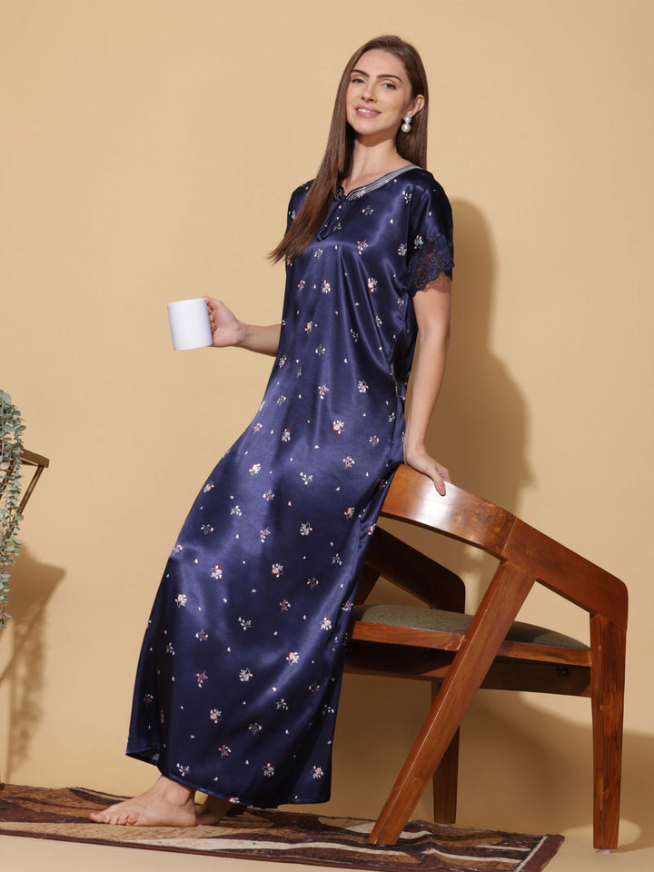 Royal Blue Satin Nighty - Elegant Sleepwear for Women