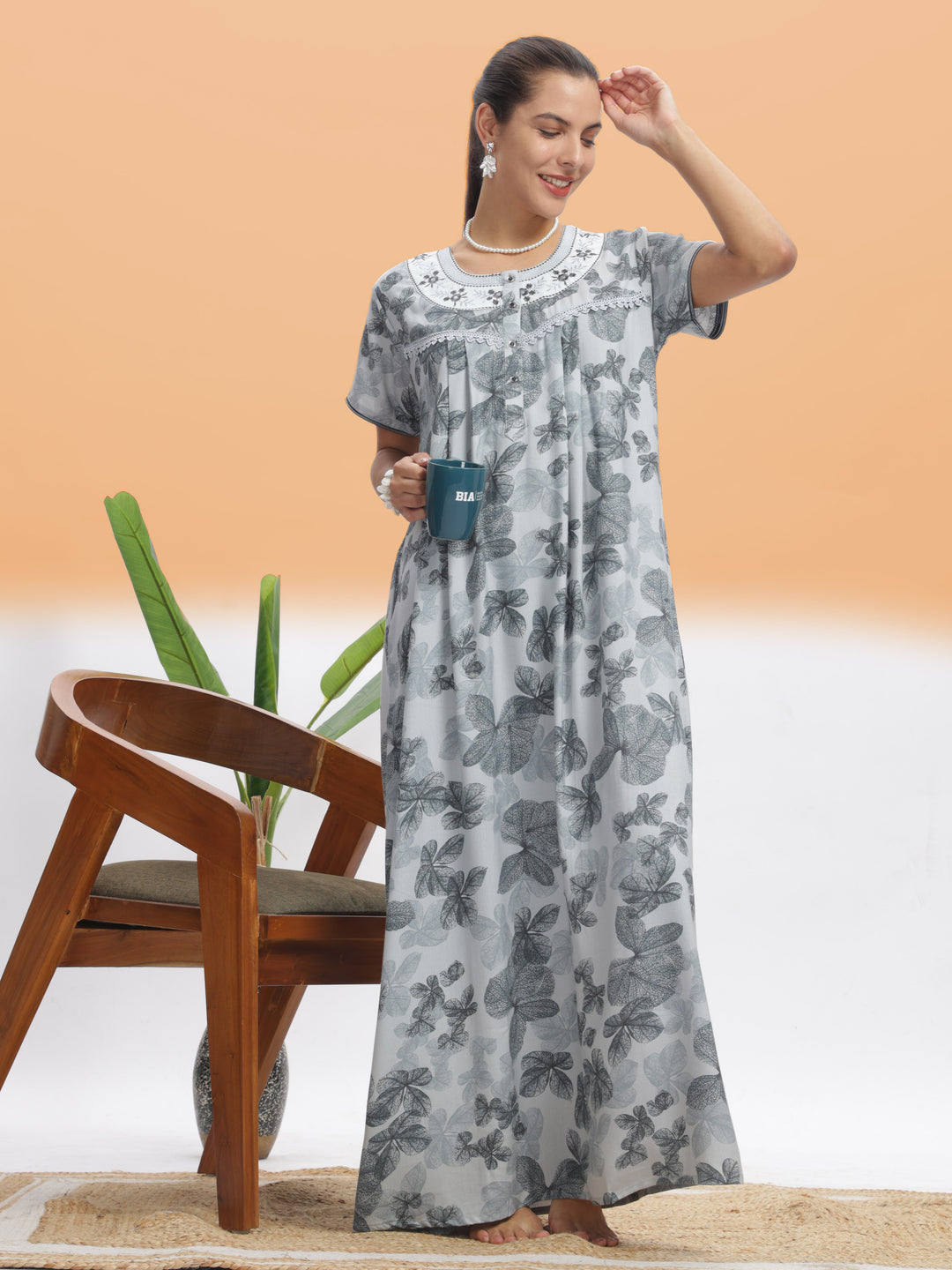  Alpine Nighty  Elegant Silver Leaf Alpine Maxi Nighty | 9shines Label | Luxury Nightwear- 9shines label 