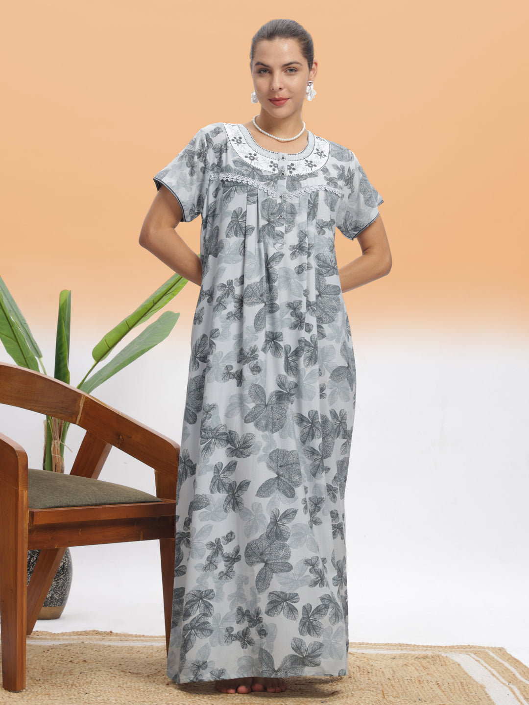  Alpine Nighty  Elegant Silver Leaf Alpine Maxi Nighty | 9shines Label | Luxury Nightwear- 9shines label 