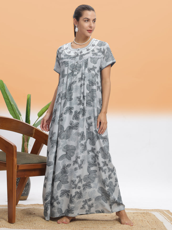  Alpine Nighty  Elegant Silver Leaf Alpine Maxi Nighty | 9shines Label | Luxury Nightwear- 9shines label 