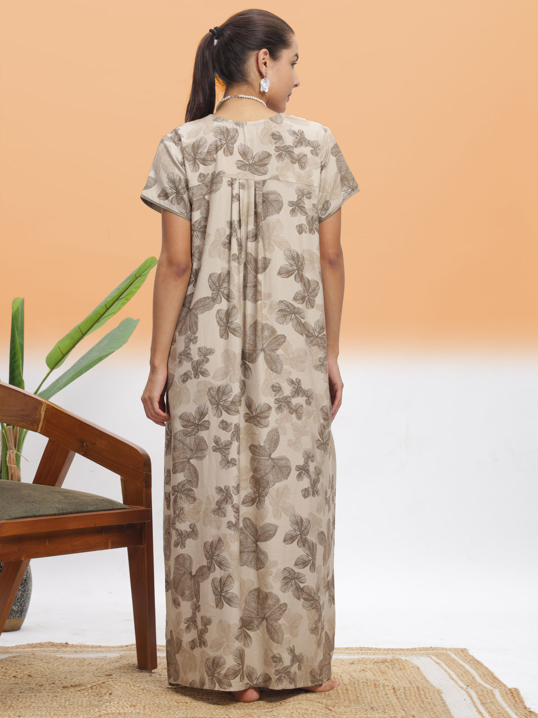  Alpine Nighty  Chic Beige Leaf Alpine Maxi Nighty | 9shines Label | Designer Sleepwear- 9shines label 