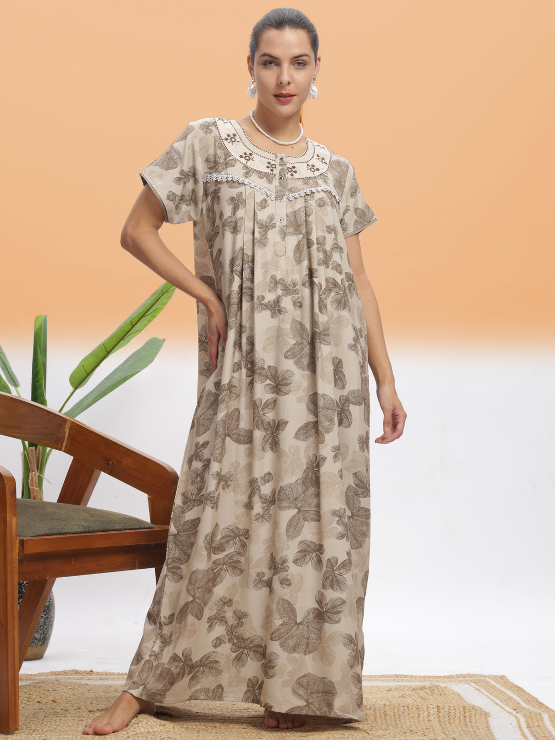  Alpine Nighty  Chic Beige Leaf Alpine Maxi Nighty | 9shines Label | Designer Sleepwear- 9shines label 