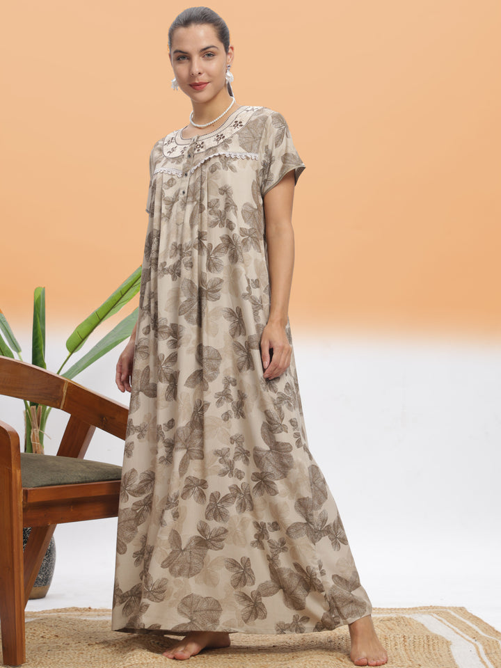  Alpine Nighty  Chic Beige Leaf Alpine Maxi Nighty | 9shines Label | Designer Sleepwear- 9shines label 