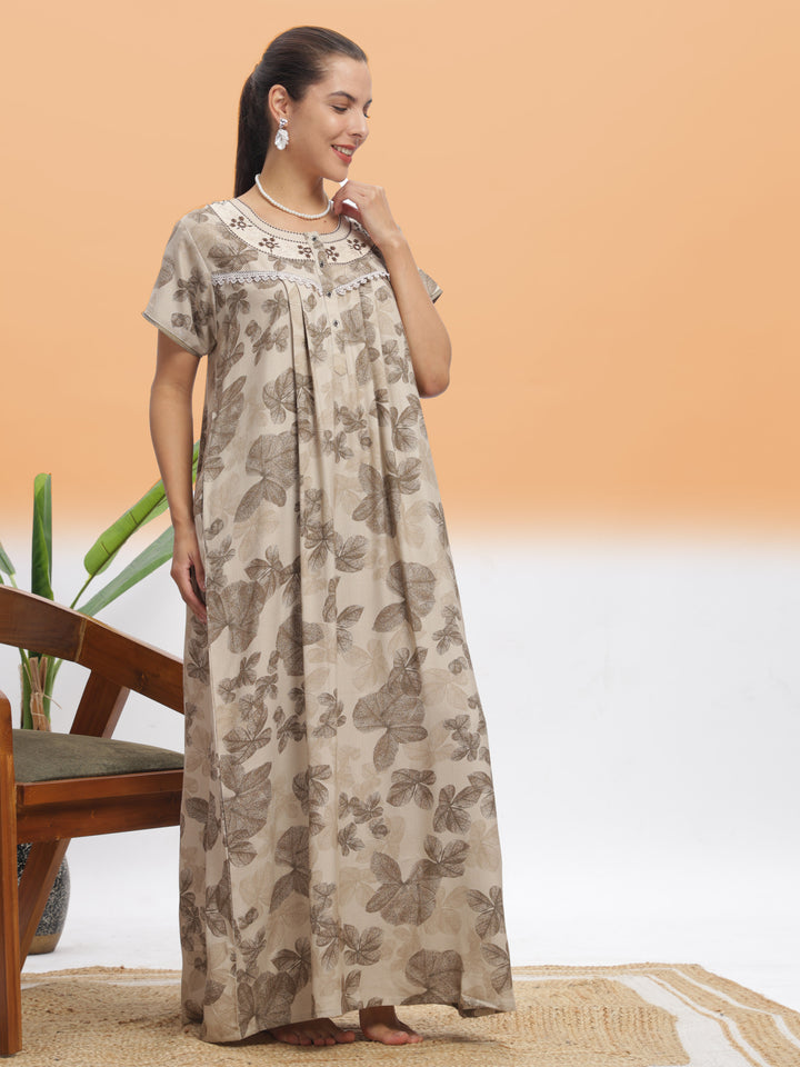  Alpine Nighty  Chic Beige Leaf Alpine Maxi Nighty | 9shines Label | Designer Sleepwear- 9shines label 