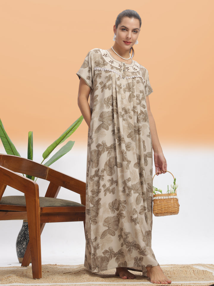  Alpine Nighty  Chic Beige Leaf Alpine Maxi Nighty | 9shines Label | Designer Sleepwear- 9shines label 