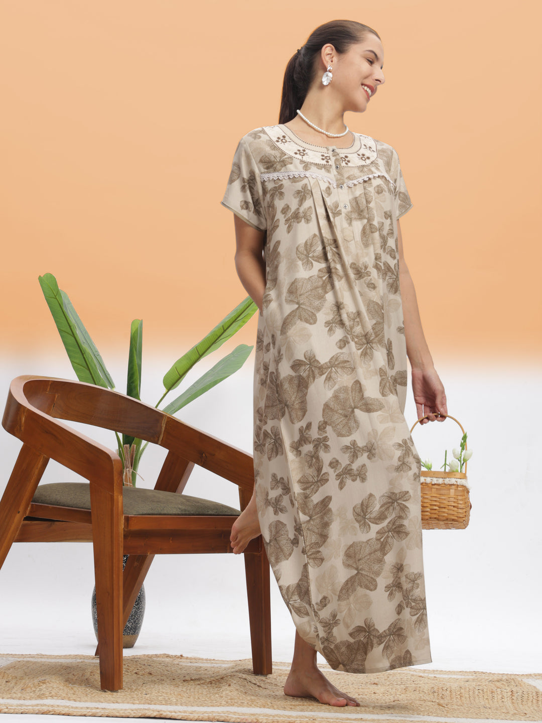  Alpine Nighty  Chic Beige Leaf Alpine Maxi Nighty | 9shines Label | Designer Sleepwear- 9shines label 