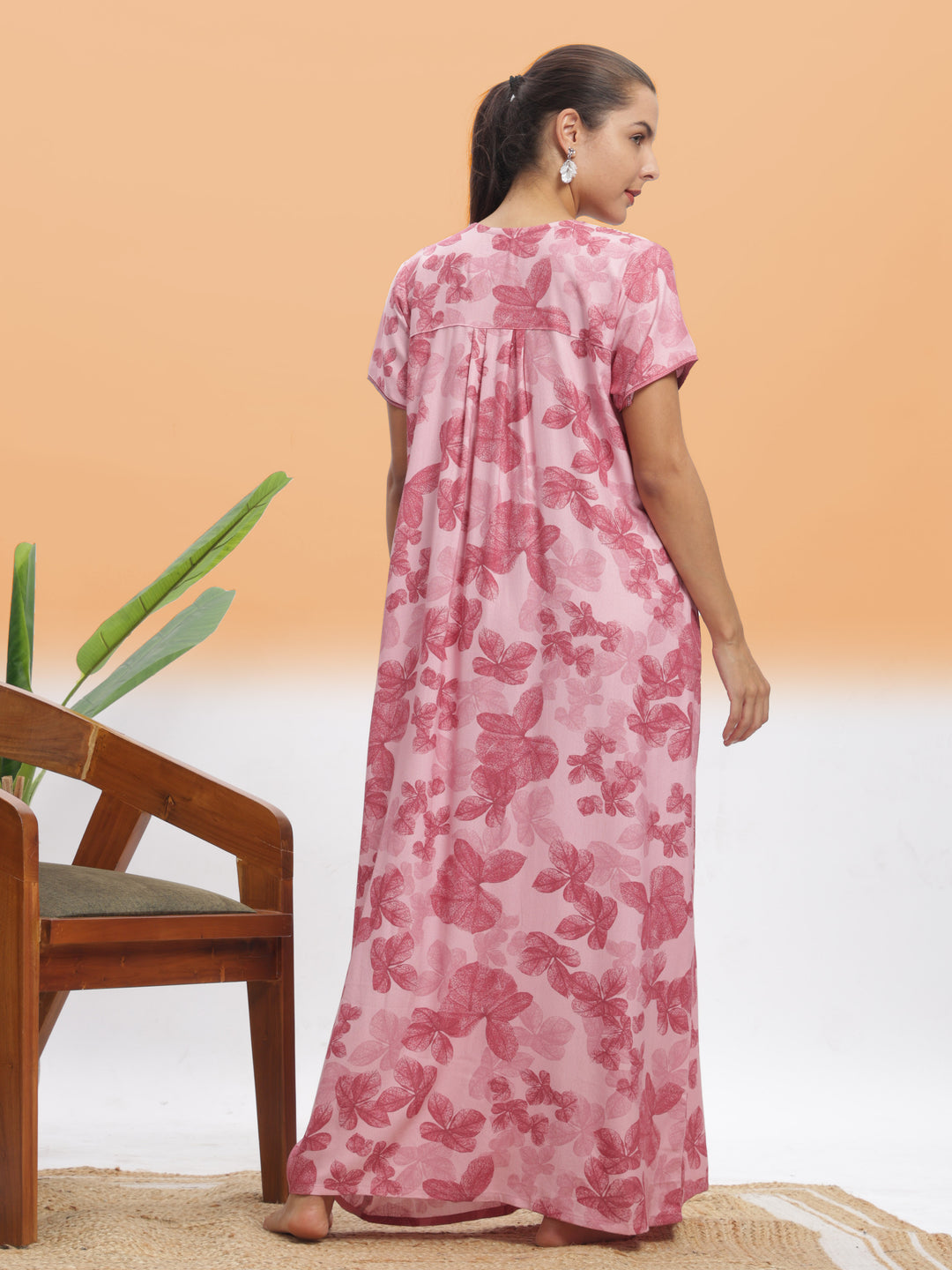  Alpine Nighty  Stylish Pink Leaf Alpine Maxi Nighty | 9shines Label | Comfortable Nightdress- 9shines label 