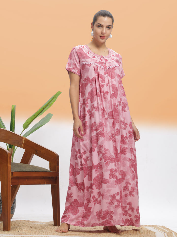  Alpine Nighty  Stylish Pink Leaf Alpine Maxi Nighty | 9shines Label | Comfortable Nightdress- 9shines label 