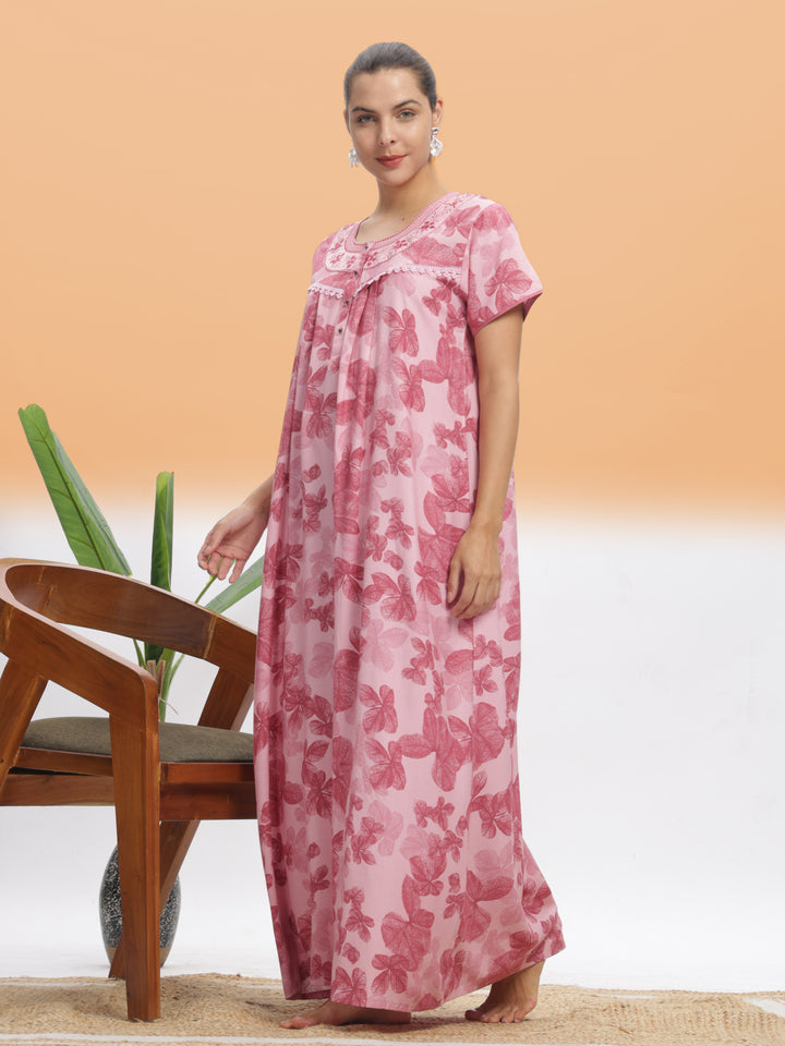  Alpine Nighty  Stylish Pink Leaf Alpine Maxi Nighty | 9shines Label | Comfortable Nightdress- 9shines label 