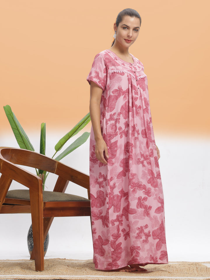  Alpine Nighty  Stylish Pink Leaf Alpine Maxi Nighty | 9shines Label | Comfortable Nightdress- 9shines label 