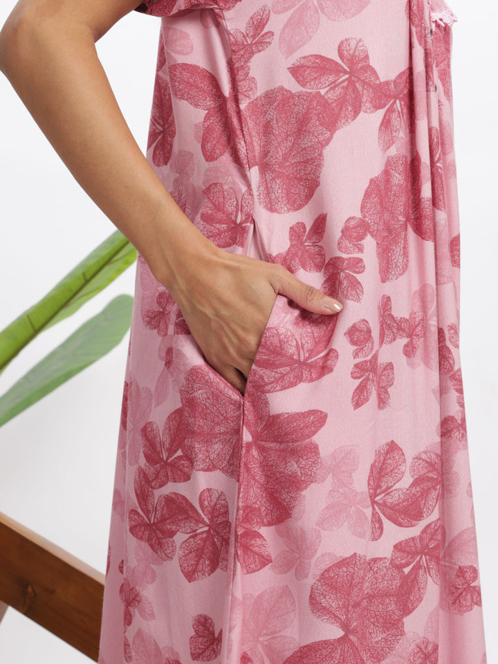  Alpine Nighty  Stylish Pink Leaf Alpine Maxi Nighty | 9shines Label | Comfortable Nightdress- 9shines label 