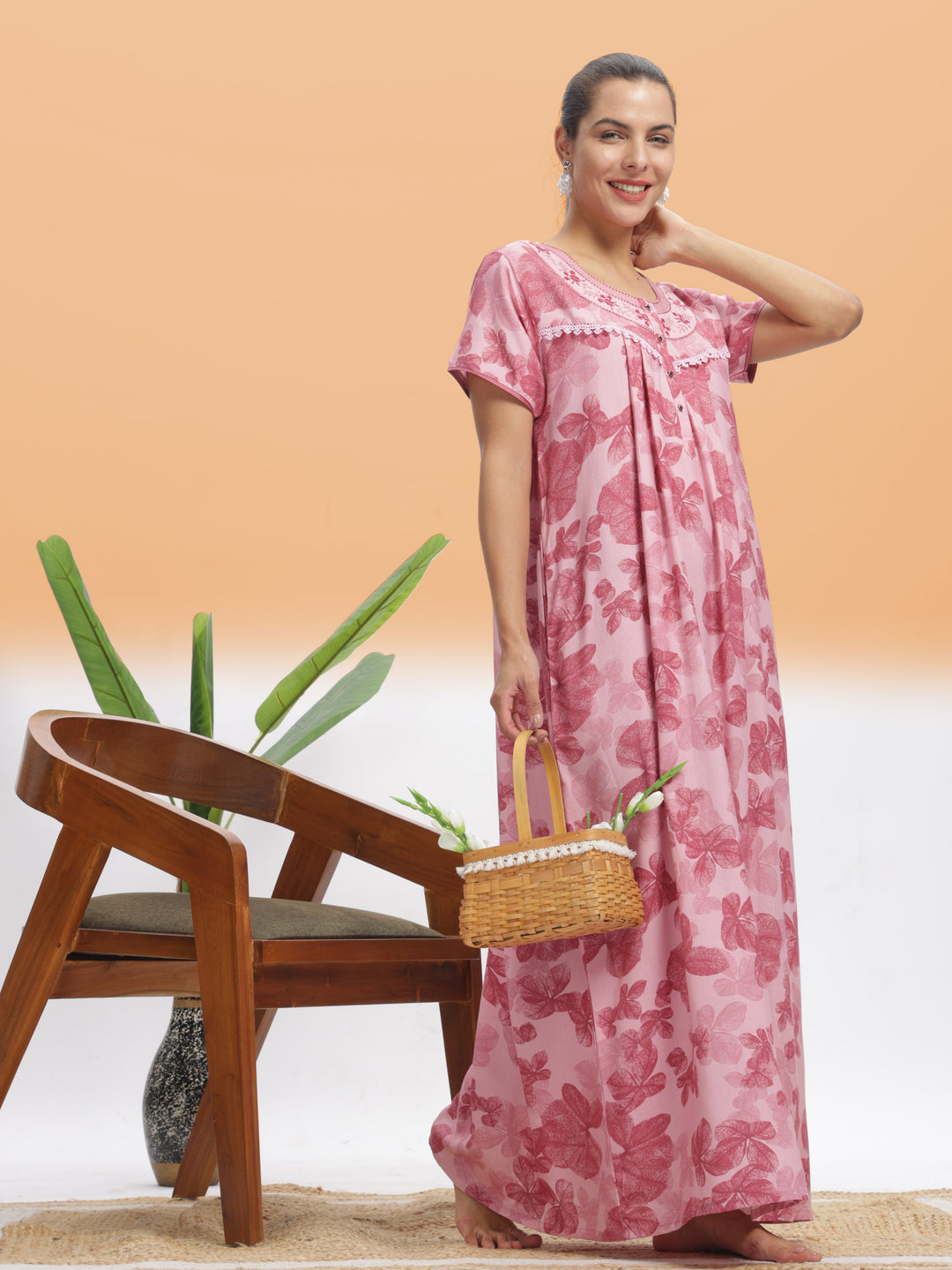  Alpine Nighty  Stylish Pink Leaf Alpine Maxi Nighty | 9shines Label | Comfortable Nightdress- 9shines label 