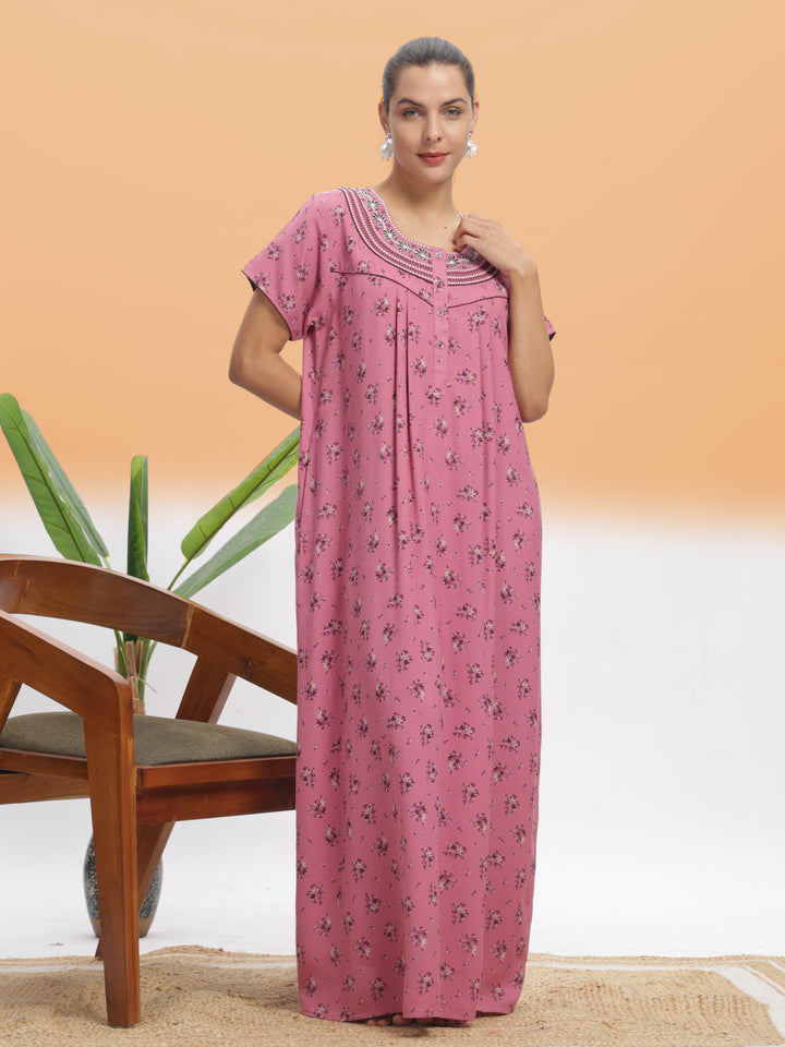  Alpine Nighty  Chic Pink Blossom Alpine Maxi Nighty - Floral Print Designer Nightdress- 9shines label 