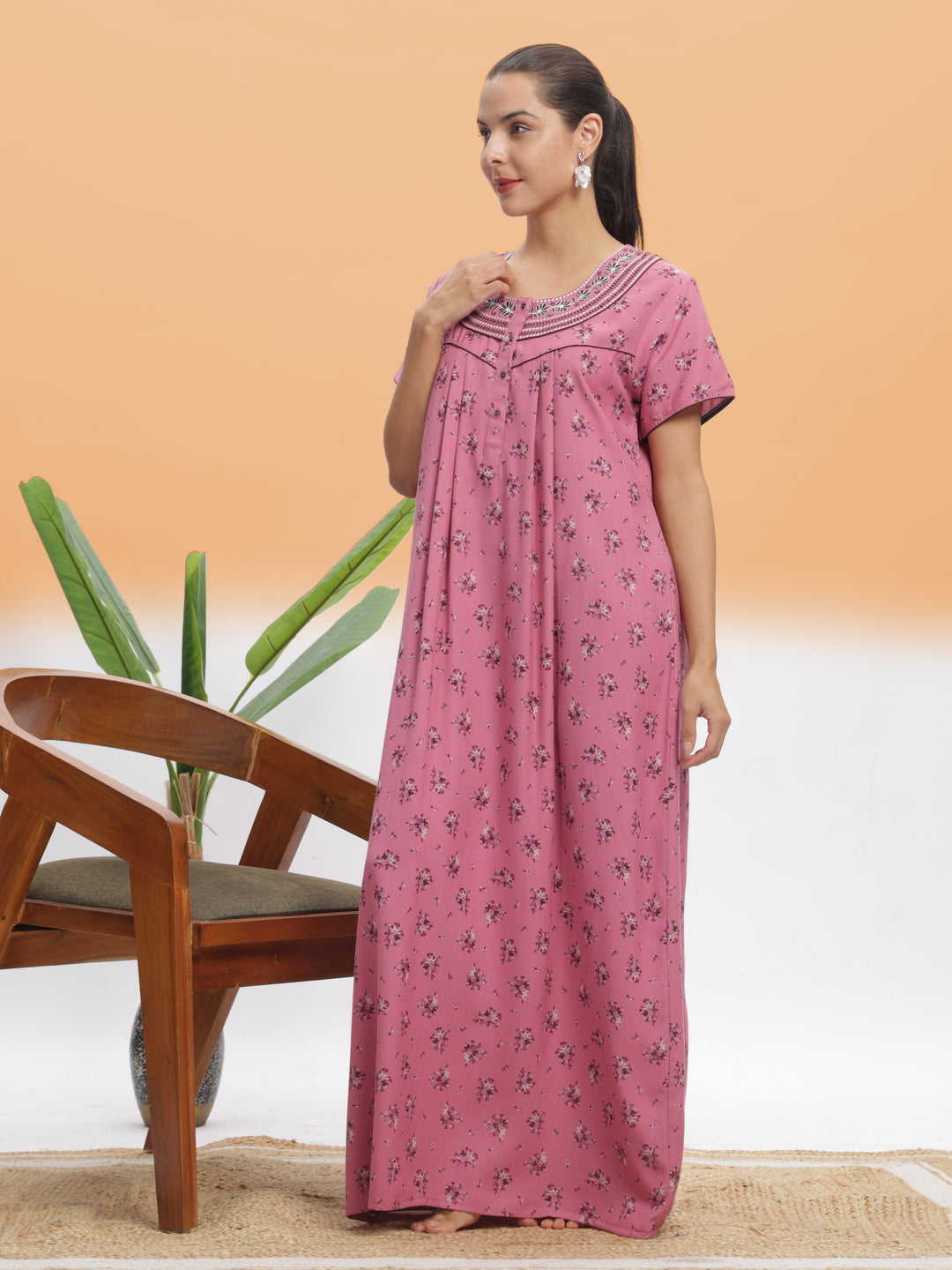  Alpine Nighty  Chic Pink Blossom Alpine Maxi Nighty - Floral Print Designer Nightdress- 9shines label 