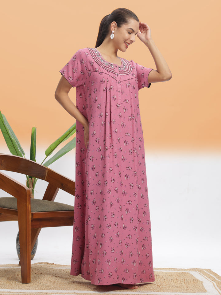  Alpine Nighty  Chic Pink Blossom Alpine Maxi Nighty - Floral Print Designer Nightdress- 9shines label 