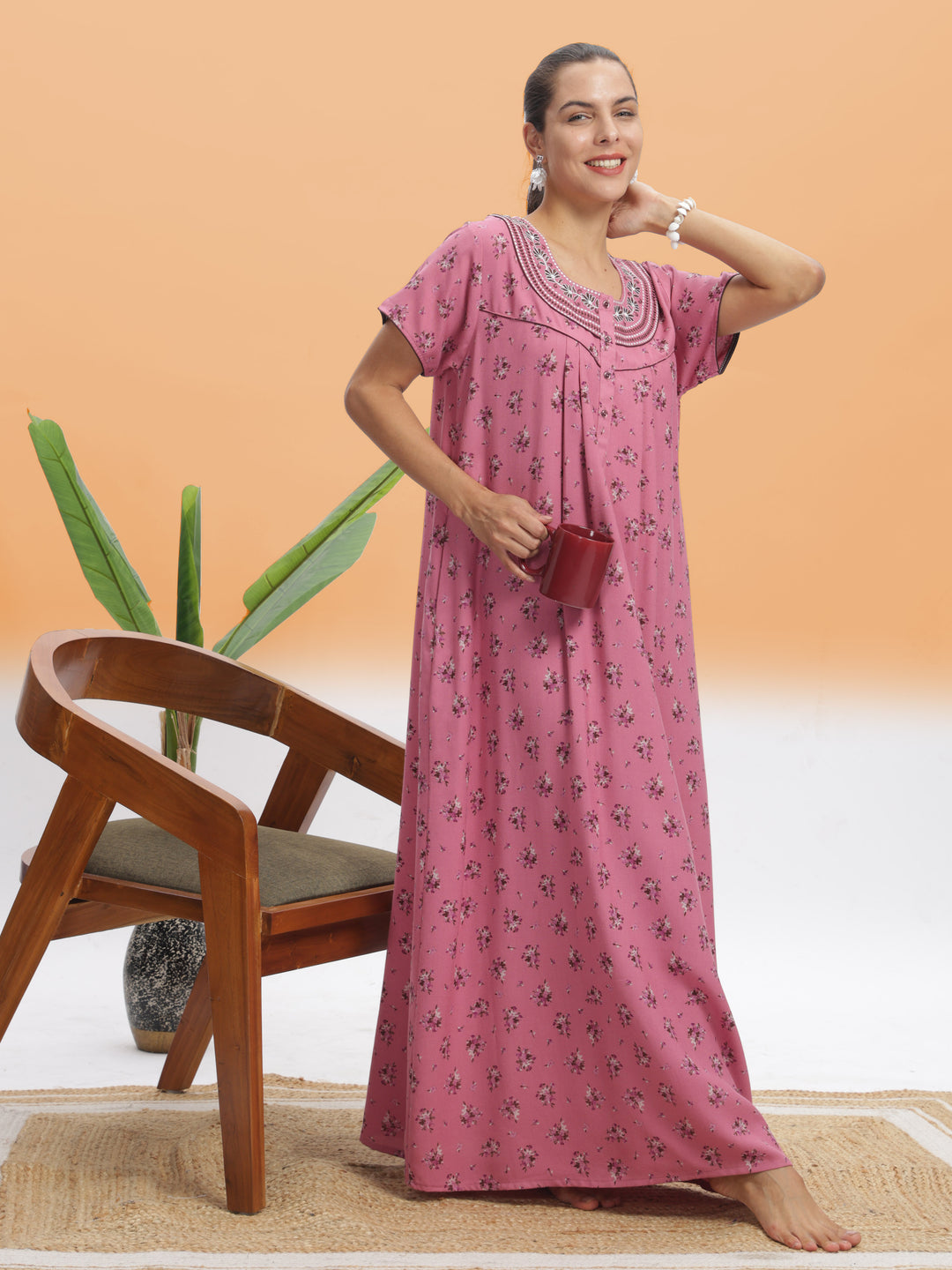  Alpine Nighty  Chic Pink Blossom Alpine Maxi Nighty - Floral Print Designer Nightdress- 9shines label 