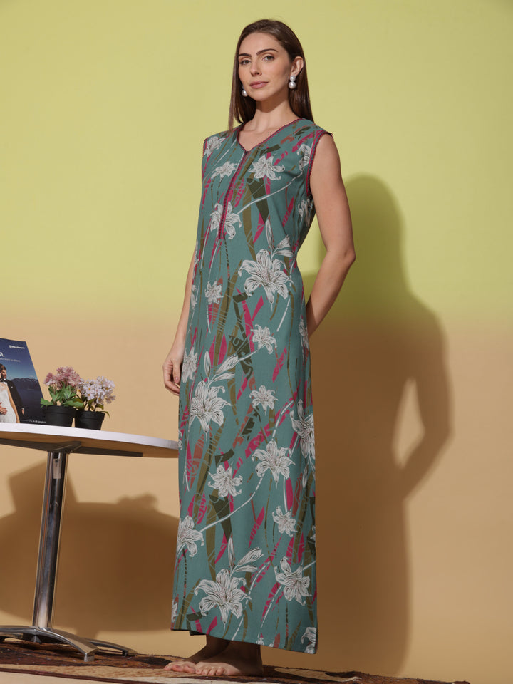 Dreamy Green Alpine Sleeveless Nighty - Elegant & Comfortable