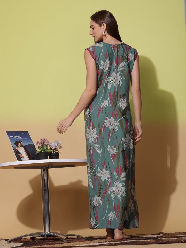 Dreamy Green Alpine Sleeveless Nighty - Elegant & Comfortable