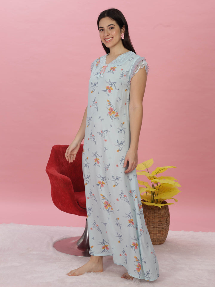 Sky Blue Rayon Designer Nighty with Floral Print & Lace