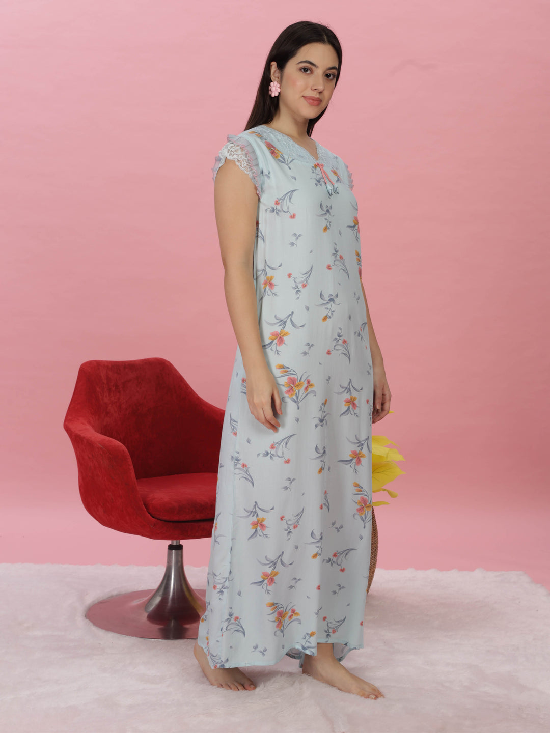 Sky Blue Rayon Designer Nighty with Floral Print & Lace