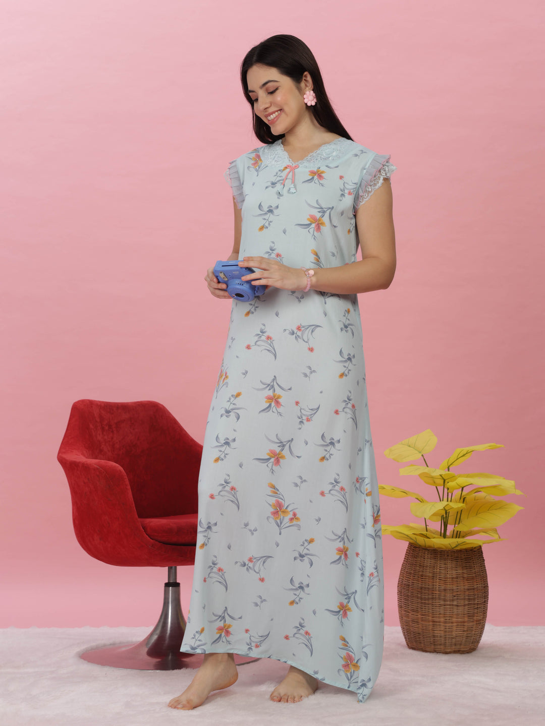 Sky Blue Rayon Designer Nighty with Floral Print & Lace