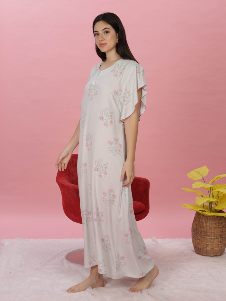 Pastel Green Rayon Floral Print Maxi Nighty | Soft Kaftan Sleeves Gown