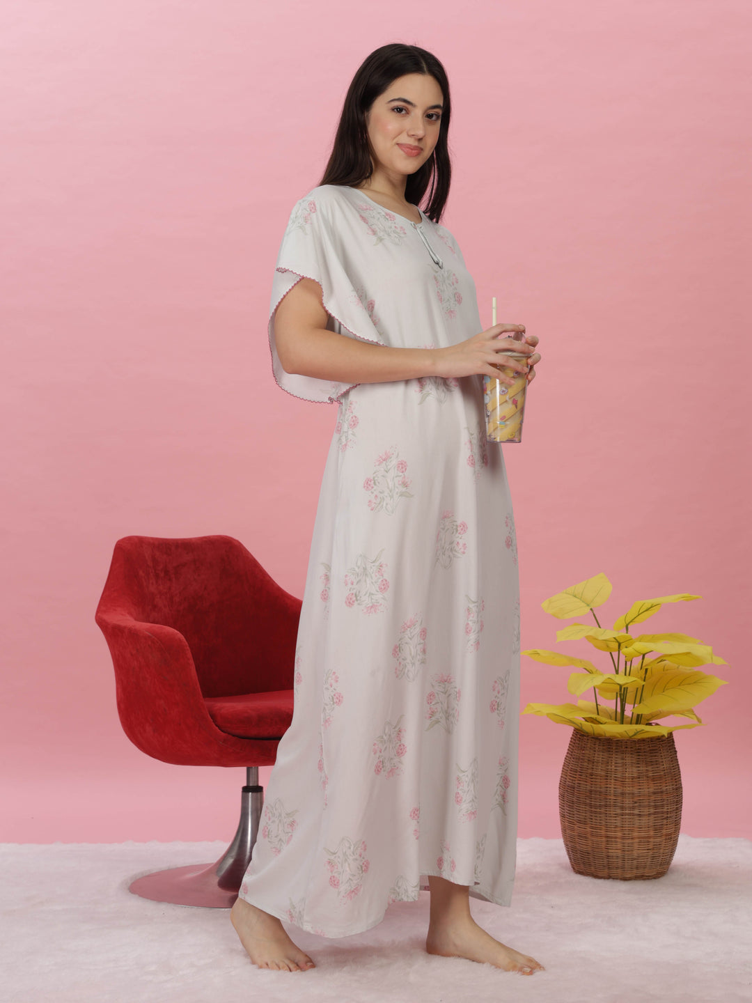 Pastel Green Rayon Floral Print Maxi Nighty | Soft Kaftan Sleeves Gown