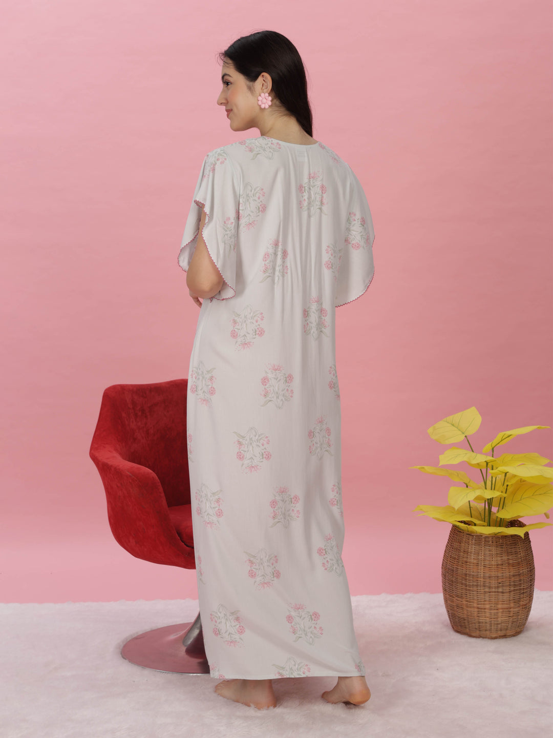 Pastel Green Rayon Floral Print Maxi Nighty | Soft Kaftan Sleeves Gown