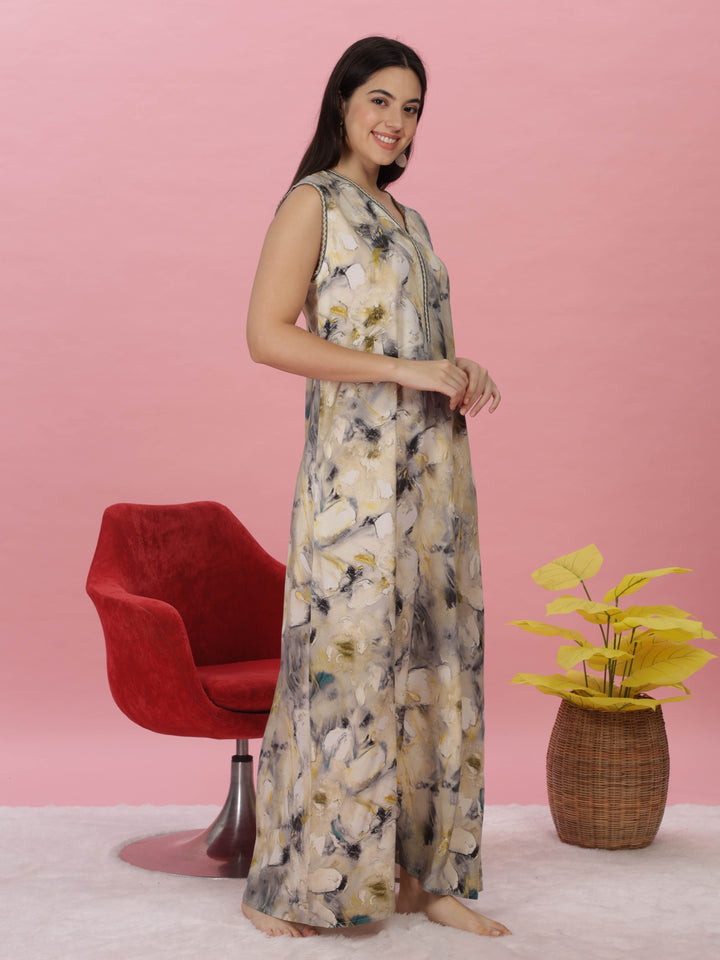 Golden Yellow Sleeveless Rayon Maxi Nighty - Elegant & Comfortable