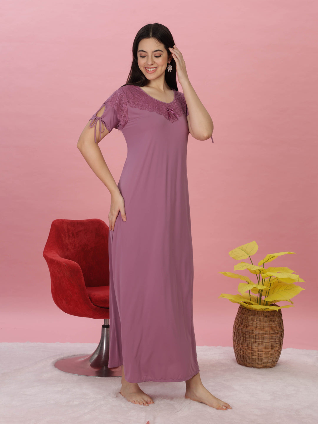 Lavender Malai Modal Nighty – Luxurious Lace & Soft Modal Fabric