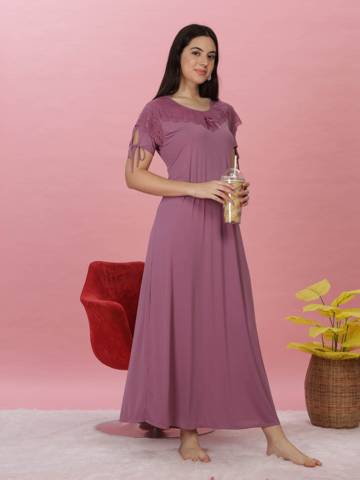 Lavender Malai Modal Nighty – Luxurious Lace & Soft Modal Fabric