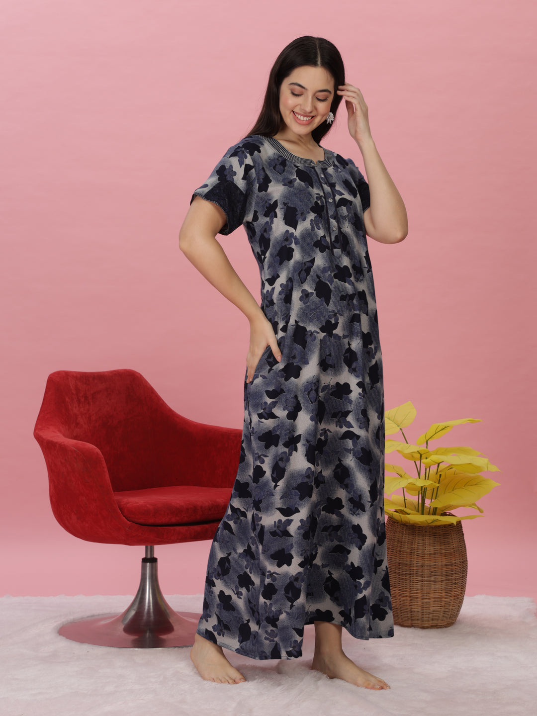 Denim Blue Alpine Nighty - Breathable, Stylish Sleepwear with Pocket