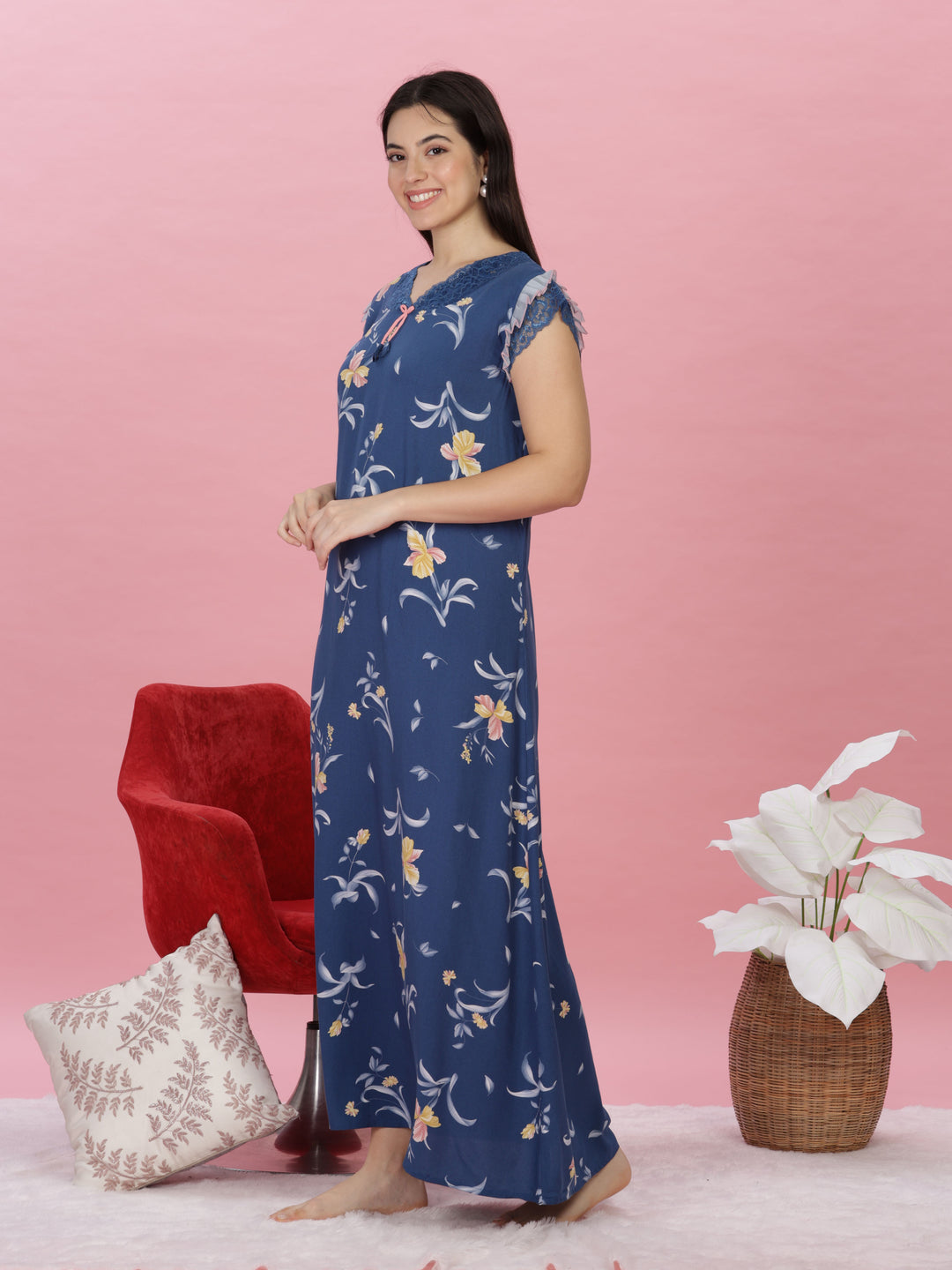 Premium Denim Blue Rayon Floral Print Designer Nighty