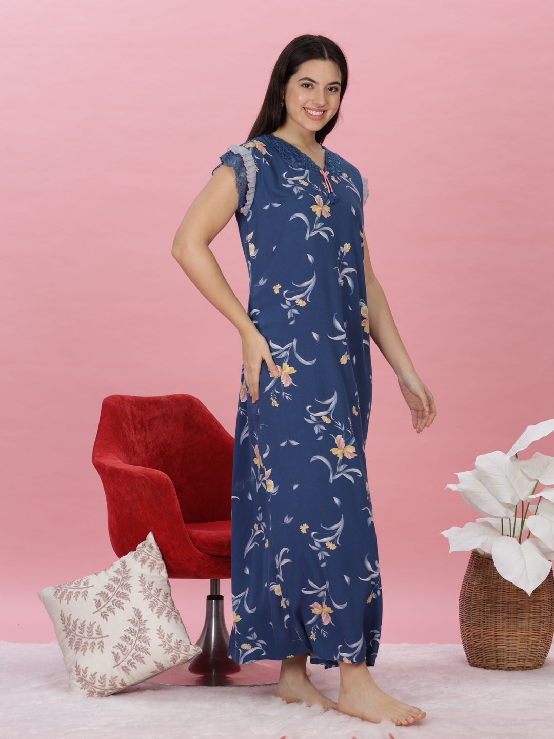 Premium Denim Blue Rayon Floral Print Designer Nighty