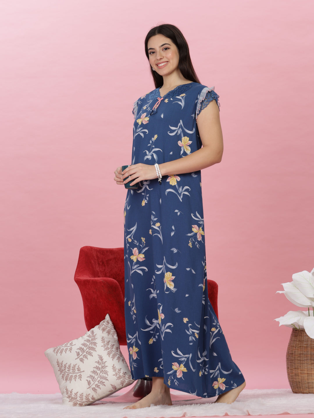 Premium Denim Blue Rayon Floral Print Designer Nighty