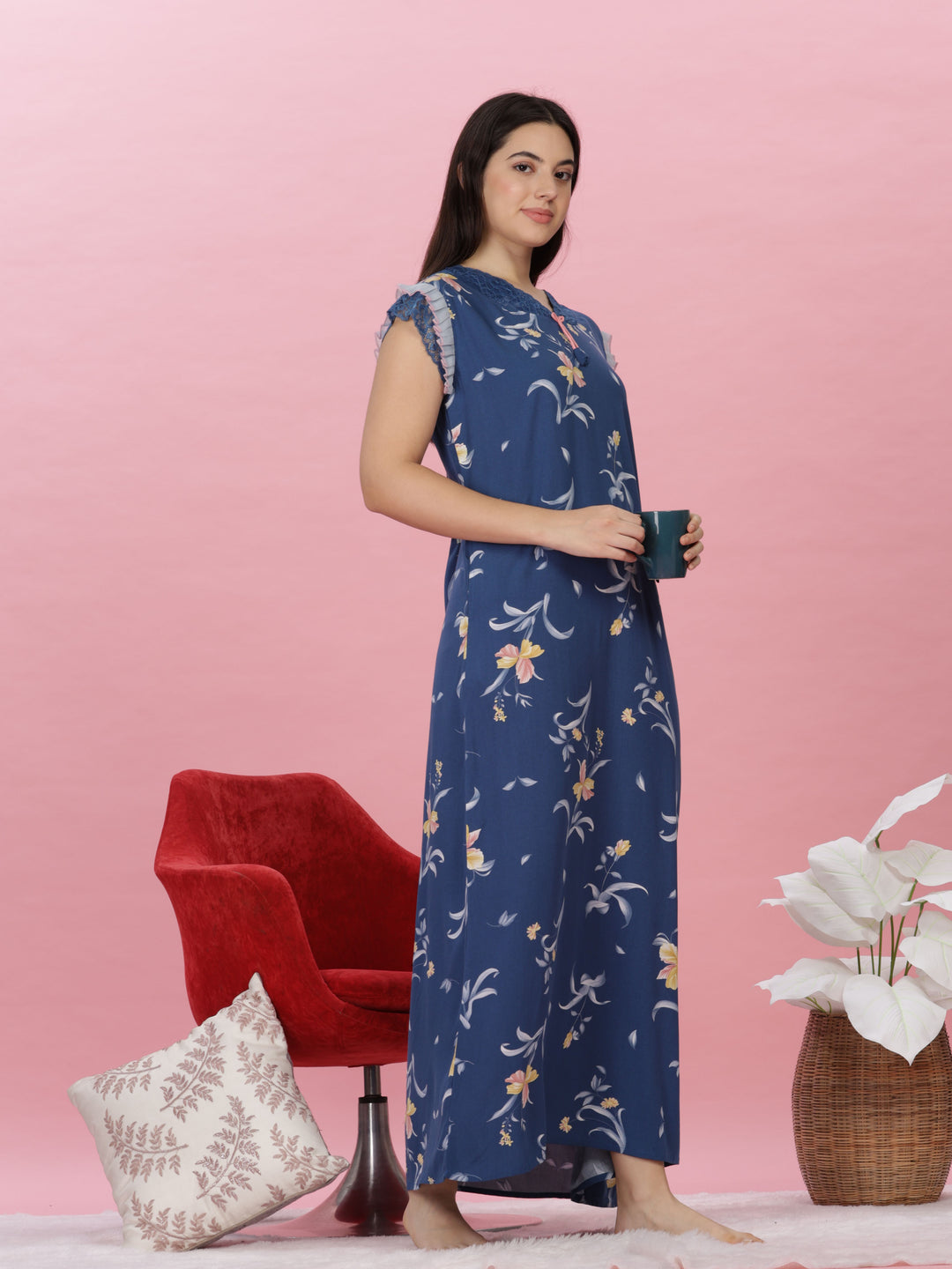 Premium Denim Blue Rayon Floral Print Designer Nighty