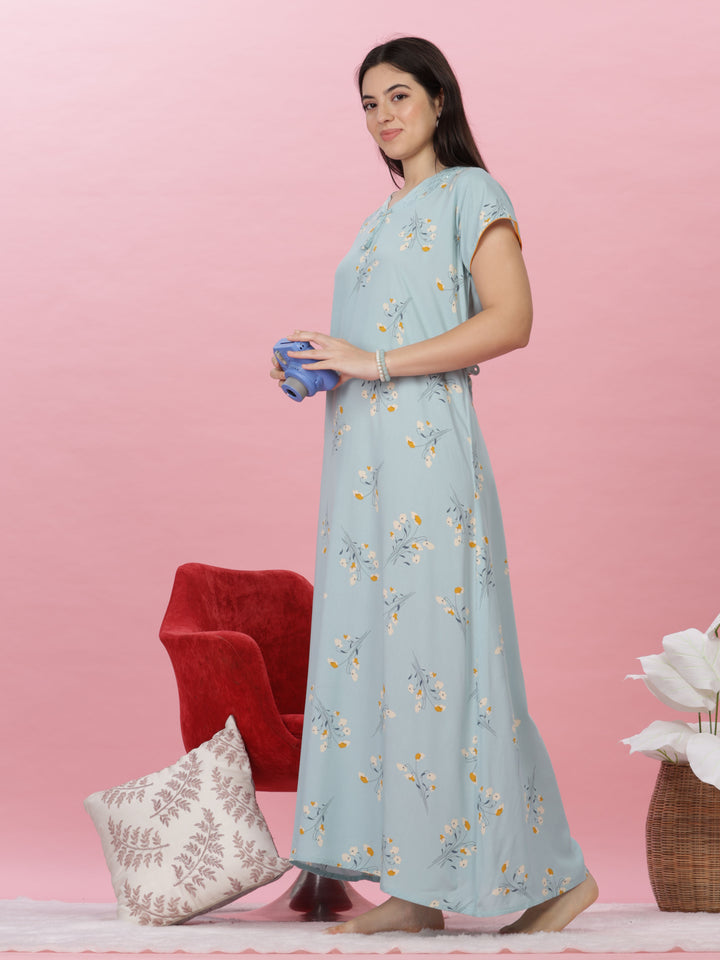 Sky Blue Lace-Trimmed Rayon Maxi Nightdress