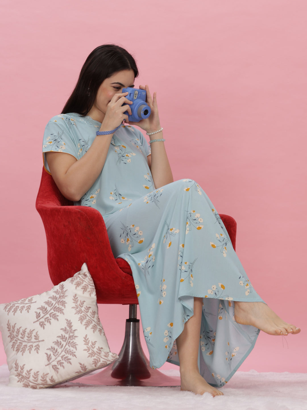 Sky Blue Lace-Trimmed Rayon Maxi Nightdress