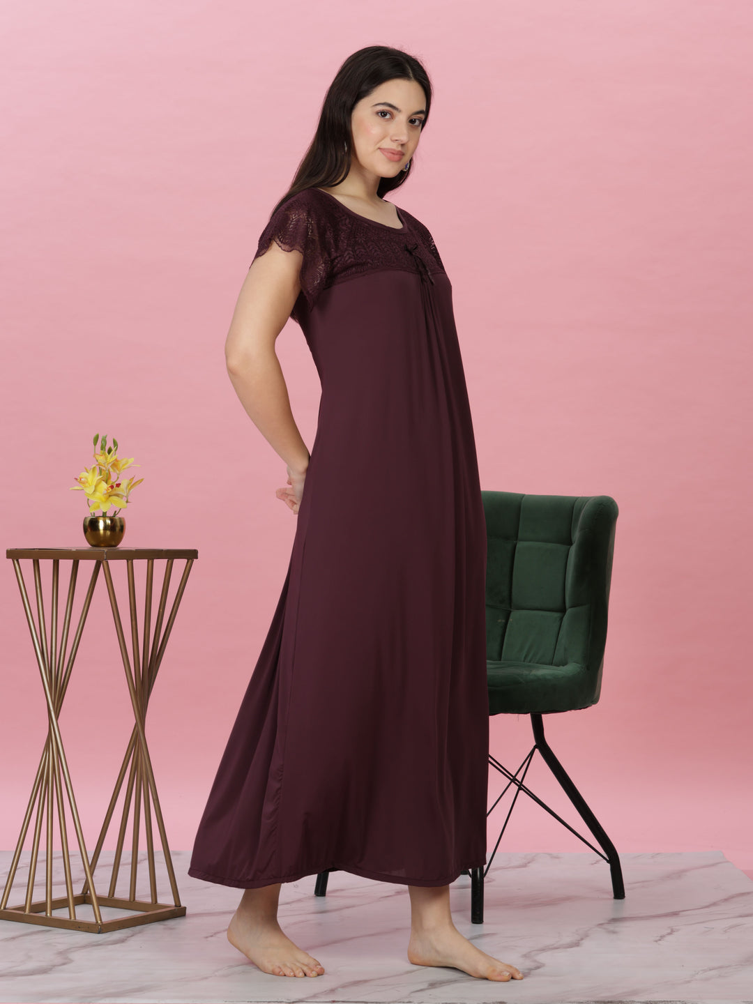 Burgundy Malai Modal Nighty – Soft, Elegant, Full-Length Nightwear