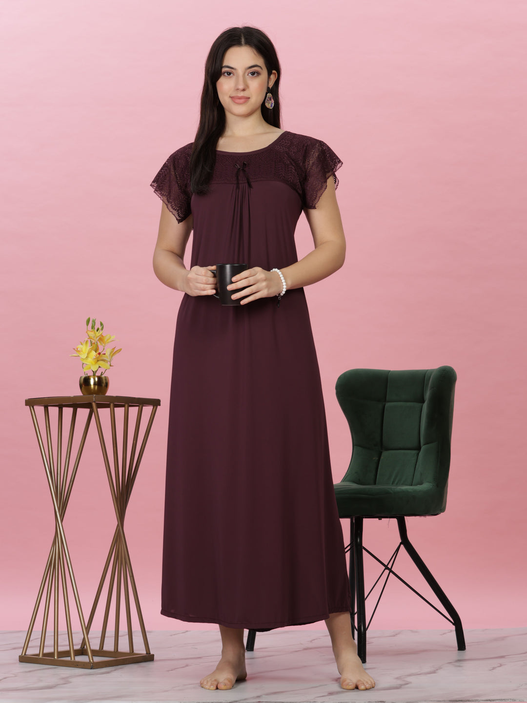 Burgundy Malai Modal Nighty – Soft, Elegant, Full-Length Nightwear