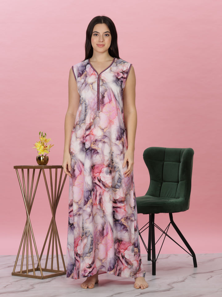 Marble Pink Rayon Maxi Nighty - Elegant Sleeveless Women's Nightwear