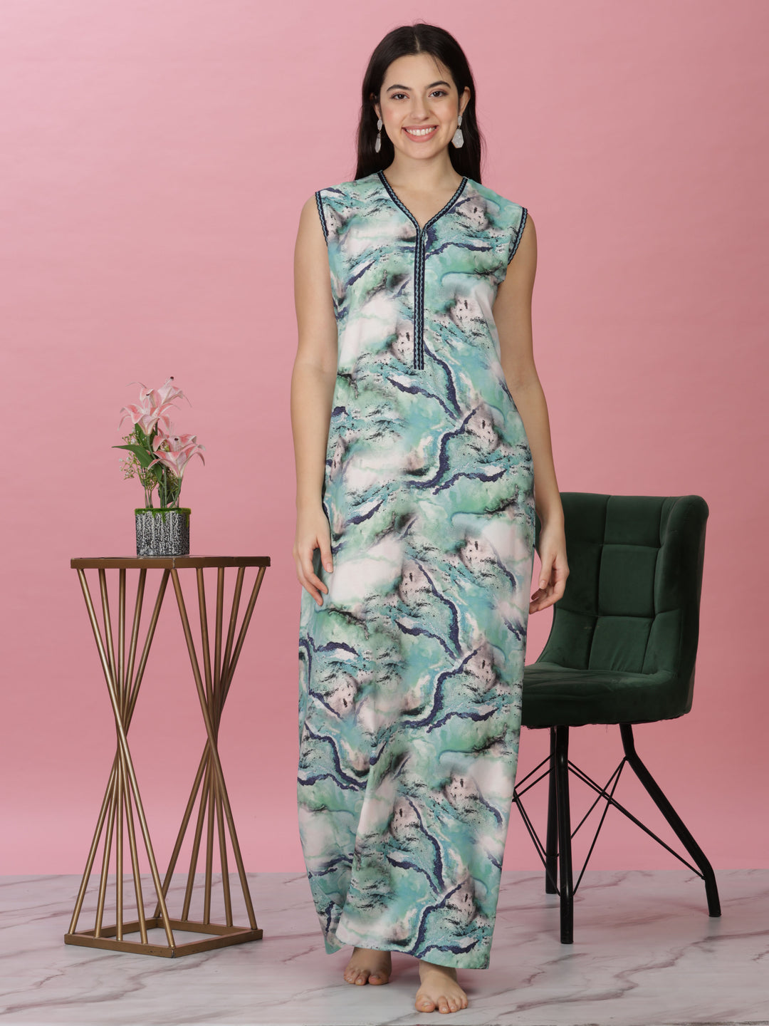 Aqua Marble Print Sleeveless Rayon Nighty for Women 